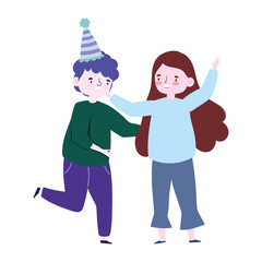 meeting friends, happy couple together character celebrating