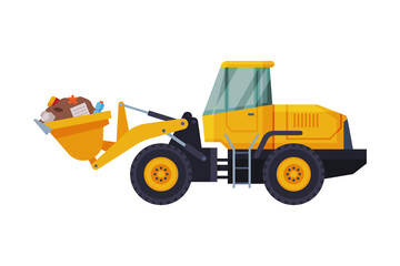 Yellow Modern Bulldozer with Garbage, Heavy Special Machinery for Landfills, Waste Transportation and Recycling Concept Flat Style Vector Illustration