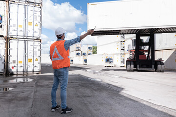 Shipping business background, worker is command to crane loading many cargo container ship and airway bill around the world, business to make export and import, logistics transportation concept.