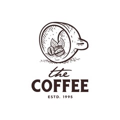 illustration of logo design of cup and coffee bean, with vintage hand drawing style