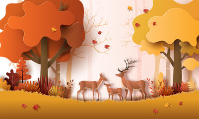 Paper art style of autumn landscape with deer family in a forest, many beautiful trees, and leaves.