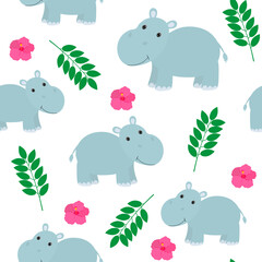 Obraz na płótnie Canvas Seamless pattern cute hippopotamus tropical leaves and flowers vector illustration