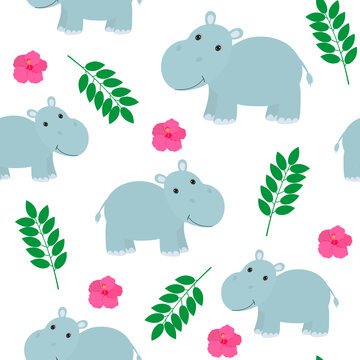 Seamless pattern cute hippopotamus tropical leaves and flowers vector illustration