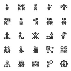 Business people vector icons set, modern solid symbol collection, filled style pictogram pack. Signs, logo illustration. Set includes icons as businessman with tie, partnership handshake, team leader