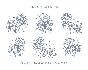 Vector feminine logo design templates in trendy linear minimal style. Rose flowers, leaf, stars, and crystals. Symbols and icons for cosmetics, jewellery, beauty and handmade products