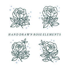 Vector feminine logo design templates in trendy linear minimal style. Rose flowers. Symbols and icons for cosmetics, jewellery, beauty and handmade products