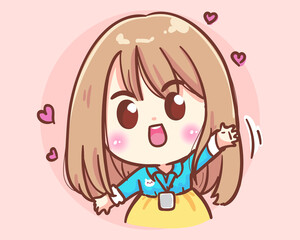 Smiling Office Women hand up. Office cute girl cartoon art illustration Premium Vector