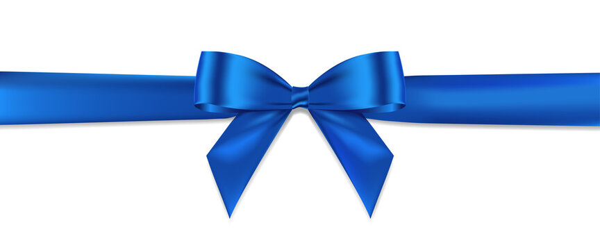 Blue bow realistic shiny satin and ribbon horizontal line with shadow vector EPS10 isolated on white background.