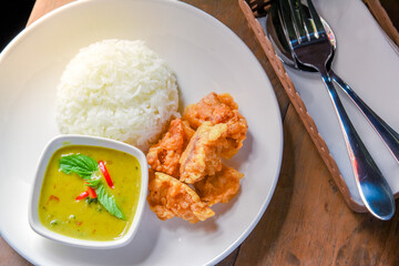 Deep Fried Chicken  and Green Curry with Rice , vegetable  in White plate. Thai food