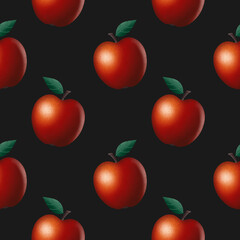 Seamless Pattern of realistic red apples with texture. Raster illustration on black background. 3D render