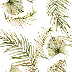 Watercolor boho summer elegant seamless pattern with hand painted tropical dried palm leaves, branches of green grass. Romantic floral set perfect for fabric textile, wedding greeting cards