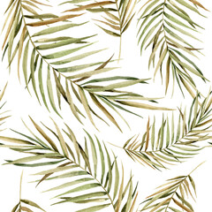 Watercolor boho summer elegant seamless pattern with hand painted tropical dried palm leaves, branches of green grass. Romantic floral set perfect for fabric textile, wedding greeting cards
