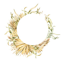 Watercolor boho frame with hand painted tropical dried palm leaves and branches green grass. Romantic floral set perfect for fabric textile, wedding cards