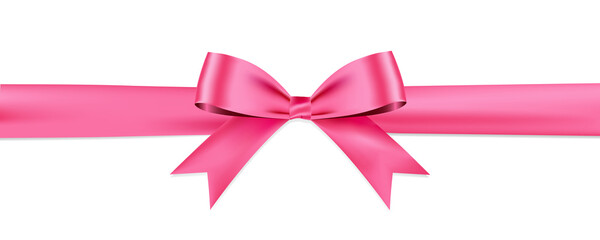 Pink bow realistic shiny satin and ribbon horizontal line with shadow for decorate your valentine card vector EPS10 isolated on white background.