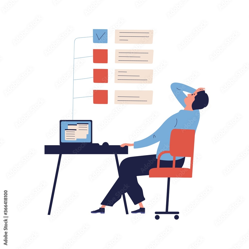 Poster concept of missing deadline, bad time management. scene of tired, nervous, stressed man clutches hea