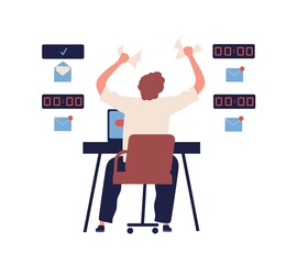 Concept of missing deadline, bad time management. Scene of tired, frustrated, furious, stressed man crumples papers. Time waste at work. Flat vector cartoon illustration isolated on white background