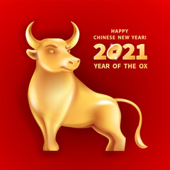 Metal Ox is a symbol of the 2021 Chinese New Year. Holiday vector illustration of decorative metallic Zodiac Sign of bull on a red background