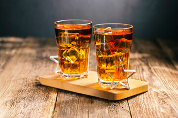Summer drink Iced tea or rum with ice, close up