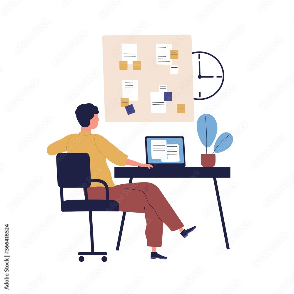 Poster concept of good time management, work plan. organize schedule. man, office manager at workplace with