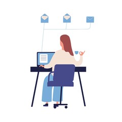 Concept of productive self organization, effective time management, organize work. Woman at the table, read email at office workplace. Flat vector cartoon illustration isolated on white background