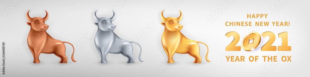 Wall mural set of three metallic bulls different colors. bronze, silver and golden metal. ox is a symbol of the