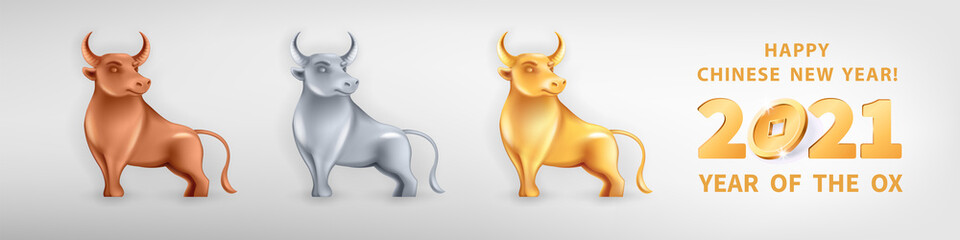 Set of three metallic Bulls different colors. Bronze, silver and golden metal. Ox is a symbol of the 2021 Chinese New Year. Vector illustration of decorative Zodiac Sign of bull