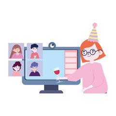 online party, meeting friends, woman with glass wine computer group celebrating event