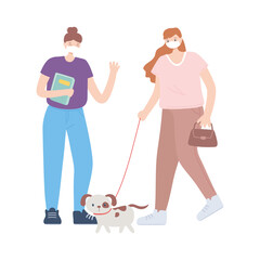 people with medical face mask, girl with book and woman with dog, city activity during coronavirus