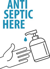 Signature antiseptic here. Hand sanitizer bottle, personal protective equipment, disinfectant sprays to prevent viruses, coronavirus. Vector flat infographics illustration