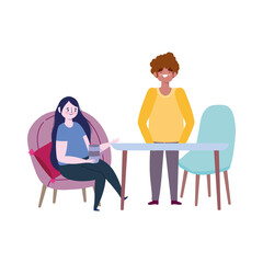 social distancing restaurant or a cafe, happy people keep distance at table, covid 19 coronavirus, new normal life