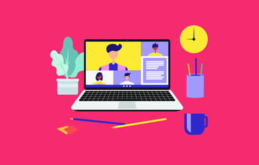 Work from home and work from anywhere concept, people connecting together, video conference remote working on laptop computer, learning or meeting online with teleconference, flat vector illustration