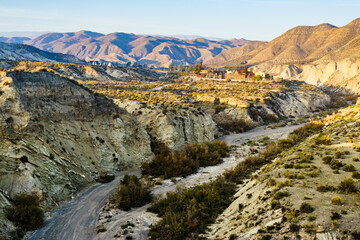 Tabernas desert view with Western Leone town, Spain