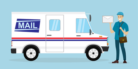 Mail delivery truck. Happy postman in uniform. Caucasian mailman hold letter. Courier with mailbag, delivery and post service. White postal van.