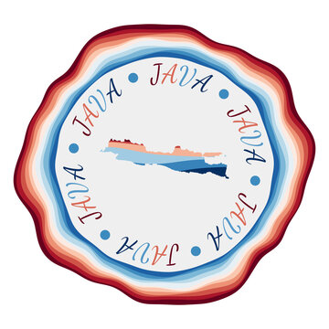 Java badge. Map of the island with beautiful geometric waves and vibrant red blue frame. Vivid round Java logo. Vector illustration.
