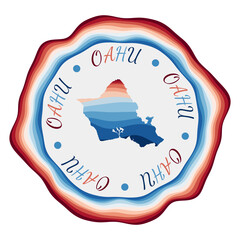 Oahu badge. Map of the island with beautiful geometric waves and vibrant red blue frame. Vivid round Oahu logo. Vector illustration.