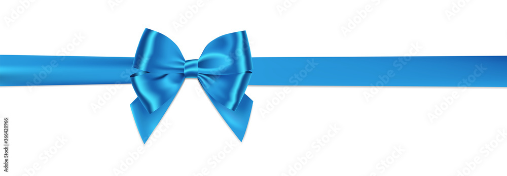 Poster realistic blue bow and ribbon shiny satin with shadow for decorate your greeting card vector isolate