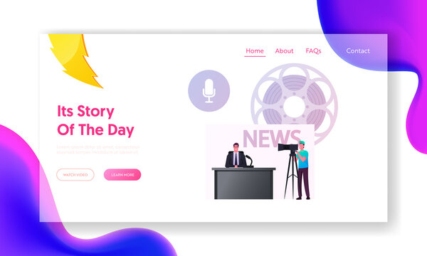Reportage, Live News in Broadcasting Studio Landing Page Template.Mass Media Television Breaking News with Tv Presenter