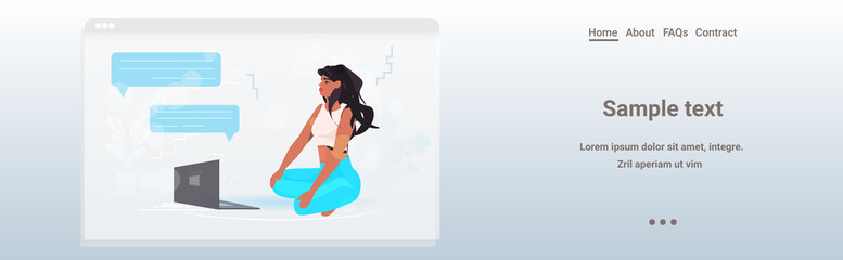 woman using laptop chatting during video call remote work quarantine isolation chat bubble communication concept web browser window copy space full length horizontal vector illustration