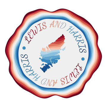 Lewis and Harris badge. Map of the island with beautiful geometric waves and vibrant red blue frame. Vivid round Lewis and Harris logo. Vector illustration.