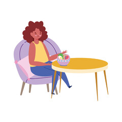 restaurant social distancing, woman sitting at table eating alone, new normal, prevention covid 19 coronavirus