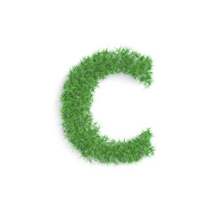 Letter C symbol made of green grass isolated on white background, part of the set. Sustainable technology or lifestyle related 3d rendering