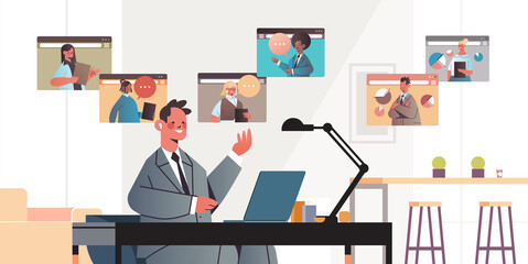 businessman chatting with mix race colleagues during video call business people having online conference meeting communication concept office interior horizontal portrait vector illustration