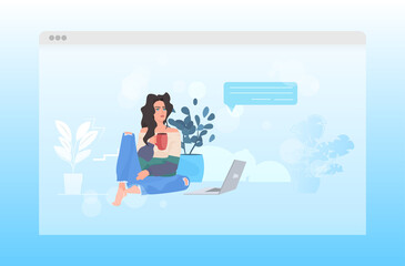 woman using laptop remote work quarantine isolation chat bubble communication concept girl relaxing at home full length horizontal vector illustration