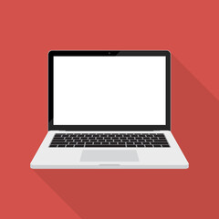 Laptop flat icon with long shadow vector design isolated ob red background.