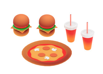 ピザ、ハンバーガー,ジュースなどのファストフードの3dレンダーイラスト
