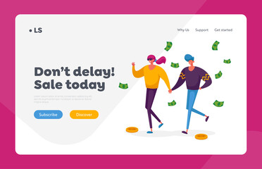 Shopping. Seasonal Sale Landing Page Template. Shopaholic Couple Characters with Money Bills Purchasing and Buy Gifts