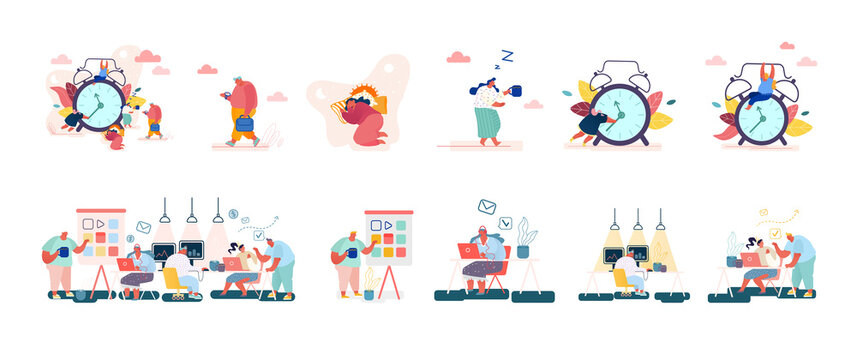 Set of Male and Female Characters with Clock, Concept of Time, Leisure, Working Activity or Procrastination, Programers