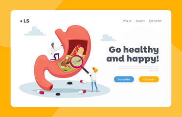 Gastritis and Helicobacter Disease Landing Page Template. Gastroenterology Doctor Characters Study Huge Diseased Stomach