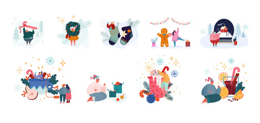 Set of Male and Female Characters Celebrate Christmas, New Year and Xmas Winter Holidays. Tiny People with Huge Sweets