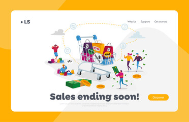 Buyers Characters Shopping Fun, Sale Landing Page Template. Tiny Shopaholic People around Huge Trolley with Purchases